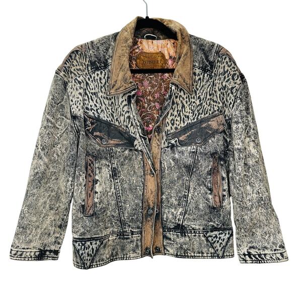Winlit Vintage Tan Black Suede & Denim Acid Wash Animal Print Biker Jacket S - Picture 2 of 16